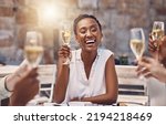 Small photo of Woman talking for toast with celebration champagne at party with friends, wine for success at restaurant and drinks at social event. Happy black woman with smile and glass at birthday dinner at pub