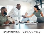 Handshake, office diversity and meeting welcome for company onboarding or partnership together. Introduction, agreement and negotiation with workforce people in corporate company boardroom.