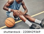 Small photo of Fitness, basketball knee injury or pain while on basketball court holding leg in exercise, training or sport workout. Professional athlete, health or sports man with accident in street game or event