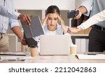 Small photo of Stress, anxiety and multitasking business woman with headache from workload and laptop deadline in office. Burnout, frustration and overwhelmed lady exhausted, procrastination in toxic workplace