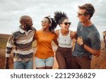 Small photo of Happy, diversity and friends on a safari holiday or vacation trip outdoors in Australia as a young group. Funny women, memory and excited people enjoy laughing, adventure and nature with freedom