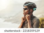 Small photo of Mountain, helmet and motorcycle black man in marathon, fitness or sports competition on sky mock up marketing and advertising. Adventure training african athlete with safety gear for outdoor cycling