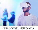 Digital 3d vr headset for gamer with metaverse tech, future and virtual reality cyber innovation, ai and video gaming. Black man in futuristic universe and online avatar game, virtual game or vision