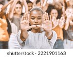 Small photo of Protest, stop hands and black woman with people .fighting for peace, end to racial discrimination or freedom. Politics, justice or rally, activism or group demand social change or human rights.