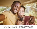 Small photo of Love, dog and selfie with a couple and their adopted pet posing for a picture together in their new home. Portrait, puppy and adoption with a man, woman and foster animal taking a photograph