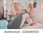 Small photo of Physical therapy, leg and chiropractor massage a woman patient in a health and wellness consultation. Physiotherapist, medical and healthcare of a consulting physio helping with a knee injury