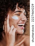 Small photo of Happy woman, face cream and beauty, makeup product and sunscreen facial treatment for aesthetic shine. Young model, face freckles and body lotion, cosmetics and healthy skincare, wellness and melasma