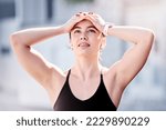 Small photo of Athlete woman, disappointed and hands on head, sad and loser at competition, contest or race. Runner girl, failure and tired of running, sports or marathon in city, metro or urban town with regret