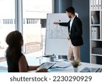 Small photo of We had a steady growth rate here. Cropped shot of a handsome young businessman standing and using a white board to present data to his female colleague.