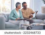Small photo of Finance, documents and senior couple on sofa with bills, paperwork and insurance checklist in home, life or asset management, Elderly black people on couch with financial, retirement or mortgage debt