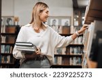 Books store, library choice and woman choosing best seller for university research, college study or school education learning. Commerce, retail shelf and student customer shopping for best seller