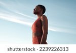 Small photo of Fitness, meditation and woman on blue sky to breathe fresh air, freedom and energy to exercise, workout and do yoga or cardio training outdoor in nature. Black female take breath for mental health