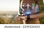 Small photo of Fitness hands, smart watch or future data on healthcare workout, body training or exercise heart rate in sunset nature. Runner zoom, sports or black woman on time technology, 3d scan or abstract app