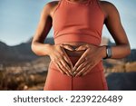 Small photo of Woman, nature fitness or hands on stomach in diet wellness, body healthcare or abs muscle growth in workout training or sunrise exercise. Zoom, sports athlete or person, belly digestion or strong gut