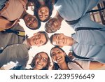 Face, huddle or student friends with smile for university support, college trust or school project team building. Happy, students teamwork or bottom view people in group circle for success or growth