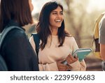 Small photo of Happy, books or indian woman student with friends at school, college or university outdoor for learning, education or scholarship. Motivation, smile or group of young students for studying or academy