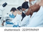 Small photo of Study, research and scientist team in a lab for medical, innovation and drug analysis, health and medicine. Science, healthcare and doctors in room for clinical, drug and trial planning in laboratory