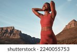 Small photo of Freedom, running and mountains with black woman in nature for workout, sports and endurance training. Stamina, cardio and fitness with runner at sunset for adventure, jogging and trekking achievement