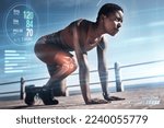 Small photo of Start, runner or black woman training for fitness, cardio exercise or running workout in summer with overlay. Hologram, pulse or healthy girl sports athlete with focus, resilience or strong mindset