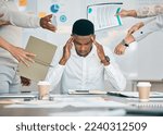 Small photo of Stress, burnout and tired black man with headache, frustrated or overwhelmed by coworkers at workplace. Overworked, mental health and anxiety of exhausted male worker multitasking at desk in office.