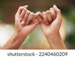 Small photo of Hands, trust and promise of women friends for pledge of intimate secret, confession and bond. Care, support and pinky promise for confidential moment together with nature bokeh effect zoom.