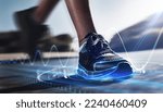 Hologram, shoes and sports for fitness, run and speed for health tracking outdoor. Future, sneakers and graphics for workout, exercise and balance for routine, training for marathon and wellness.