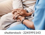 Nurse holding hands with patient in empathy, trust and support of help, advice and healthcare consulting. Kindness, counseling and medical therapy with doctor for hope, consultation and depression