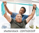 Small photo of Physiotherapy help, stretching band and doctor with senior man in physical therapy, rehabilitation or healthcare support. Black woman chiropractor or physiotherapist consulting elderly patient