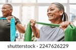 Small photo of Physiotherapy, stretching band and senior couple with teamwork for muscle wellness, rehabilitation and support together. Elderly black people or friends smile in physical therapy with strong progress
