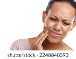 Small photo of Woman, hand and mouth in pain from wisdom teeth, surgery or dental emergency against a white studio background. Isolated female suffering from painful oral, gum or tooth injury on white background