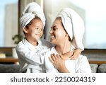 Small photo of Happy, smiling and relaxed mother and daughter spa day at home with face masks for healthy skincare and personal hygiene. Cute little girl and parent bonding and enjoying a pamper treatment together