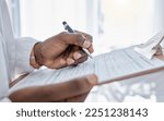 Small photo of Doctor writing survey, insurance and claim form for medical paperwork, document and script for patient records, test result and research in a hospital. Physician hands signing and planning healthcare
