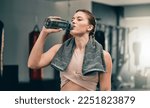 Small photo of Exercise health, gym and woman drinking water for sports thirst hydration, fitness performance or running workout. Athlete wellness, fatigue and tired girl with liquid bottle drink after training
