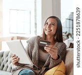 Small photo of Thinking, credit card and online shopping on digital tablet by woman on sofa for payment or booking online. Idea, girl and online banking with debit card for credit score, purchase and online order