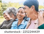 Small photo of Friends, park and senior women laughing at funny joke, crazy meme or comedy outdoors. Comic, face and happy group of retired females with humor bonding, talking and enjoying time together in nature.