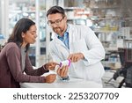 Small photo of Healthcare service and pharmacy worker with customer at store counter for medication explanation. Pharmaceutical advice and opinion of pharmacist helping girl with medicine information.