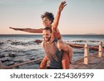 Small photo of Sunset, relax and couple piggyback by ocean enjoying holiday, vacation and quality time on weekend. Love, freedom and happy black man and woman after exercise, fitness workout and training by sea