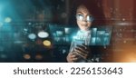 Small photo of Futuristic, AI and business woman, smartphone and connectivity, cyber data overlay and technology innovation. Digital transformation, mockup space and tech analytics, dashboard and internet hologram