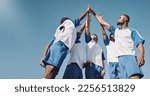 Small photo of Soccer, team high five and men celebrate winning at sports competition or game with teamwork on field. Football champion group with motivation hands for a goal, performance and fitness achievement