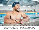 Small photo of Happy athlete, relax or pool swimmer with cap or goggles in sports wellness, training or exercise for body muscle. Workout, fitness or swimming man with smile, water competition goals or healthcare