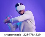 Small photo of Man fight in metaverse, virtual reality glasses and futuristic game for vr gaming in cyber 3d world. Gamer person with hand controller for ar, digital experience and cyberpunk purple background app