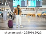 Small photo of Travel, woman in airport and luggage for vacation, break and girl excited, smile and check boarding ticket. Female, lady and traveler with suitcase, international and departure with passport and trip