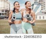 Small photo of Yoga, fitness and laugh with woman friends in the park together for mental health exercise. Pilates, humor and training with a female yogi and friend outside on a grass field for a summer workout