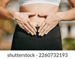 Small photo of Hands, nature fitness and stomach for diet wellness, body health or abs muscle growth in workout training or exercise. Weight loss, sports and woman with liposuction, tummy tuck or gut digestion.