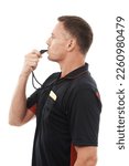Small photo of Referee man, whistle and face profile with soccer foul and warning in match or game isolated on white background. Sports, fitness and compliance, rules and male in studio with football penalty