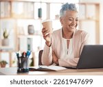 Happy, accountant or senior woman on laptop video call for financial strategy, networking or virtual assistance. Finance, smile or advisor for success stock market, invest budget or mortgage planning