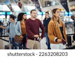Small photo of Travel, queue and wait with man in airport for vacation, international trip and tourism. Holiday, luggage and customs with passenger in line for airline ticket, departure and flight transportation