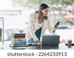 Small photo of Business woman, thinking or phone spam in email phishing, website technology scam or cloud data hacking. Confused, doubt or reading worker with mobile digital breach, cyber security crisis or theft