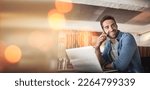 Small photo of Phone call, laptop and man in coffee shop for remote work, client contact and online connection. Communication, business mockup and freelance male talking, networking and conversation on smartphone