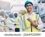 Construction, architect and blueprint with man in portrait, smile and project plan at job site, contractor and happy leader. Mockup space, helmet for safety and architecture in building industry